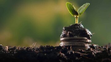 نبتة صغيرة تنمو من تربة غنية فوق مجموعة من العملات المعدنية، تعبر عن مفهوم النمو المالي والاستثمار.