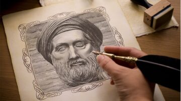 رسم توضيحي لوجه شخصية تاريخية، يظهر تفاصيل دقيقة في ملامح الوجه ولحية طويلة، مع يد تحمل قلم ريش فوق ورقة قديمة. الخلفية بسيطة مع أدوات فنية مثل ختم وإسفنجة.