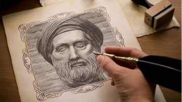 رسم توضيحي لرجل ذو لحية يرتدي عمامة، مع قلم حبر في يده، وهو يكتب على ورقة تحمل رسمه. الخلفية خشبية، يظهر في الصورة تفاصيل دقيقة للوجه والتعبيرات.