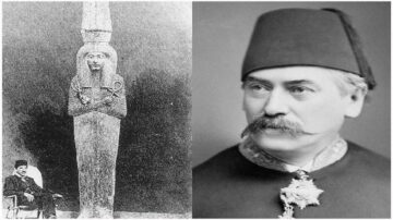 صورة تاريخية تُظهر تمثالًا قديمًا يُحتمل أن يكون من مصر القديمة، مع شخص يجلس بجانبه. على الجانب الآخر، صورة رجل يرتدي قبعته التقليدية، مُظهرًا لحية وشعرًا مُجعدًا. تعكس الصورة الفارق بين الحضارة القديمة والشخصيات التاريخية في القرن التاسع عشر.