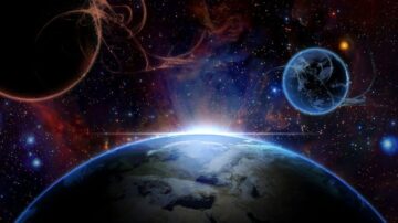 منظر فضائي يظهر الأرض في المقدمة مع تأثيرات ضوئية، وكواكب أخرى في الخلفية. السماء مليئة بالنجوم والألوان الزاهية، مما يخلق شعورًا بالعمق والغموض في الكون.