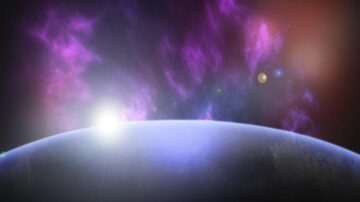 منظر فضائي مذهل يظهر كوكبًا مع غلاف جوي، خلفه سحب من الغازات الملونة والنجوم المتلألئة. تشرق الشمس في الأفق، مما يخلق تأثيرًا سحريًا. صورة تعكس جمال الكون وغموضه.