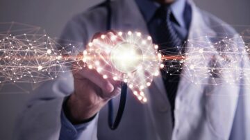 طبيب يرتدي معطفًا أبيضًا يمسك ب stetoscope، بينما تظهر دوائر مضيئة وخطوط متصلة تمثل شبكة معلوماتية أو تكنولوجيا طبية حديثة. تعكس الصورة الابتكار في مجال الرعاية الصحية والتكنولوجيا.