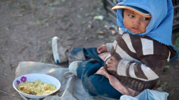 طفل صغير يجلس على الأرض في منطقة زراعية، يرتدي سترة مخططة وقبعة. أمامه وعاء يحتوي على طعام. تعبيره يظهر الفضول والبراءة.