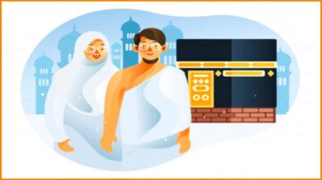 رسم توضيحي لشخصين يرتديان الزي التقليدي الإسلامي، مع خلفية لمباني ذات طراز إسلامي. يظهران معًا في بيئة تعكس الثقافة الإسلامية، مما يعكس التقاليد والتراث.