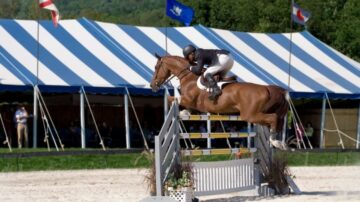 فارس يرتدي زي المسابقات يقفز فوق حاجز مع حصانه البني في مسابقة فروسية، مع خيمة مزرقشة في الخلفية وأعلام ترفرف.