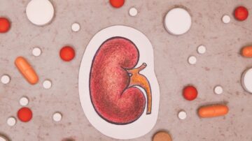 صورة توضح شكل كليه مرسومة بألوان دافئة محاطة بأقراص وأدوية بأشكال وألوان متنوعة، مما يعكس موضوع الصحة والعناية بالكلى.