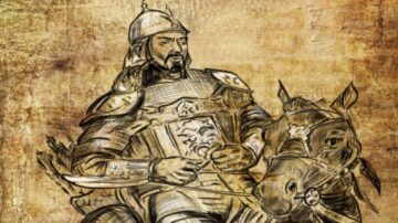 رسم توضيحي لفارس تاريخي يرتدي درعًا وقبعة، يمتطي حصانًا. يظهر في الخلفية تأثيرات فنية قديمة، تعكس الطابع التاريخي والتراث الثقافي.