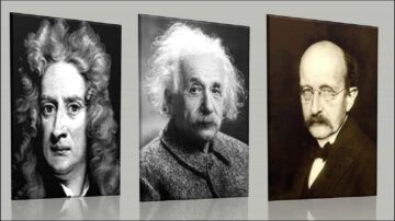 صور لثلاثة علماء بارزين في الفيزياء: إسحاق نيوتن، ألبرت أينشتاين، وماكس بلانك. تعكس الصور إسهاماتهم الرائدة في العلم.