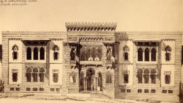 مخطط معماري للواجهة الرئيسية لمكتبة عربية، يظهر تفاصيل الزخرفة والنوافذ المعقدة، مع تأثيرات فنية تقليدية.