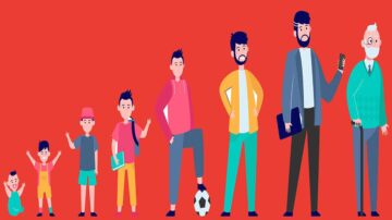 رسمة توضح مراحل نمو الإنسان من الطفولة إلى الشيخوخة، حيث يظهر طفل صغير، ثم طفل في مرحلة ما قبل المدرسة، تلميذ يحمل كتابًا، مراهق يلعب كرة القدم، شاب يرتدي ملابس عصرية، رجل بالغ في بدلة، ورجل مسن يحمل هاتفًا. الخلفية حمراء، مما يبرز الشخصيات بشكل واضح.