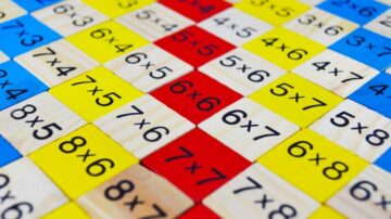 لوحات خشبية ملونة تحمل معادلات رياضية مثل 5×5 و6×6 و7×8، مرتبة بنمط متناسق. الألوان تشمل الأزرق والأصفر والأحمر.