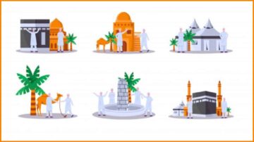 رسوم توضيحية لمشاهد من الحج، تشمل الكعبة، خيام، جمال، نوافير، وأشخاص يرتدون ملابس الإحرام، مع أشجار النخيل في الخلفية.