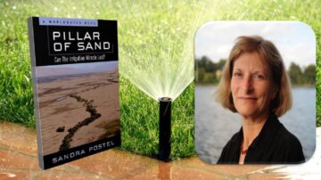 غلاف كتاب "Pillar of Sand" للكاتبة ساندرا بوستيل يظهر بجانب صورة شخصية لها. الخلفية تحتوي على عشب أخضر ونافورة مياه، مما يبرز موضوع الكتاب حول إدارة الموارد المائية.