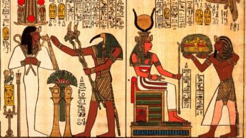 مخطوطة فرعونية تظهر شخصيات آلهة مصرية قديمة، مع نقوش هيروغليفية. في اليسار، شخصية تحمل عصا وسلطة، بينما في الوسط، تجلس إلهة على عرش. على اليمين، شخصية تحمل صينية مليئة بالقرابين. تعكس الصورة الثقافة المصرية القديمة والفن الديني.