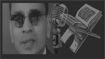صورة تحتوي على وجه رجل يرتدي نظارات شمسية مع ميكروفون وكتاب مفتوح. تعكس الصورة موضوعات مثل الإعلام والأدب، مما يشير إلى أهمية الصوت والكلمة المكتوبة.