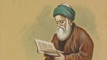 رجل مسن يرتدي عمامة خضراء وعباءة بنيّة، يجلس وهو يقرأ كتابًا. تعبر الصورة عن الحكمة والمعرفة، مع خلفية بسيطة بلون بيج.