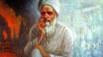 رجل مسن ذو لحية وشعر أبيض يجلس بتفكير عميق، يرتدي عمامة وثوباً تقليدياً. الخلفية تحتوي على مشهد ملون يظهر أحداث تاريخية أو ثقافية. تعكس اللوحة عمق الحكمة والتأمل.