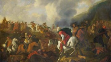 صورة معركة تاريخية تُظهر مجموعة من الفرسان والمشاة في وسط صراع عنيف. يمتطي بعض الأشخاص الخيول بينما يتواجد آخرون على الأرض، مما يعكس الفوضى والتوتر في المعركة. تتداخل الألوان الداكنة مع لمسات من الضوء، مما يضيف عمقًا إلى المشهد.