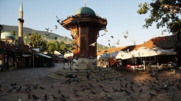 نافورة تاريخية في ساحة مزينة بأشجار، تحيط بها مباني تقليدية ومقاهي. أسراب من الحمام تحلق حول النافورة في ضوء الصباح، مع جبال في الخلفية.