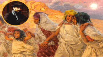 مجموعة من الأطفال يرتدون أزياء تقليدية ملونة، يتجمعون في بيئة طبيعية تحت شمس غاربة. تبرز السعادة والبراءة في تعابيرهم، بينما يظهر في الزاوية صورة لرجل يرتدي قبعة. اللوحة تعكس الثقافة والموروث الشعبي.