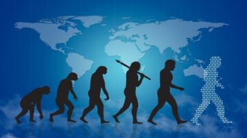رسم بياني يوضح تطور الإنسان من القرد إلى الإنسان الحديث، مع وجود خريطة العالم في الخلفية. تظهر الأشكال البشرية باللون الأسود، بينما يظهر الشكل الأخير بترميز ثنائي الأبعاد، مما يرمز للتقدم التكنولوجي.