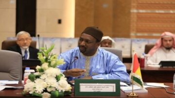 رجل يرتدي زيًا تقليديًا باللون الأزرق يتحدث خلال اجتماع رسمي. يظهر في الخلفية رجال آخرون، أحدهم مسن وآخر يرتدي الزي العربي التقليدي. توجد زهور بيضاء على الطاولة وعلم غينيا بجانب المتحدث.