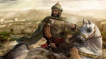 صورة لقائد عسكري تاريخي يمتطي حصانًا أبيض، يرتدي درعًا وزيًّا تقليديًا. يظهر في خلفية المدينة مع مناظر طبيعية خضراء. تعكس الصورة حضارة غنية وتراثًا عريقًا.