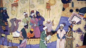 مشهد تاريخي يظهر مجموعة من الأشخاص يرتدون ملابس تقليدية، يتجمعون حول قارب على نهر. يتواجد في الصورة شخصيات تحمل أسلحة وأدوات، بالإضافة إلى جمل. الأجواء تعكس الثقافة الإسلامية القديمة والفنون التقليدية، مع تفاصيل معمارية في الخلفية.