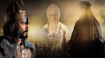 صورة تاريخية تعكس مشهدًا من العصور الوسطى، تظهر محاربًا يرتدي درعًا وقبعة مزخرفة، مع رجل مسن ذو لحية بيضاء يرتدي عمامة. في الخلفية، مجموعة من الجنود تظهر على شكل ظلال، مما يضيف عمقًا دراميًا للمشهد. الألوان تتراوح بين الذهبي والرمادي، مما يعكس جوًا من الحماسة والتاريخ.