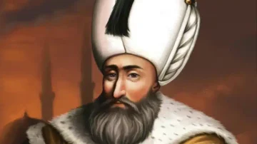 رسم تاريخي لرجل يرتدي عمامة كبيرة مزينة بالريش، مع لحية كثيفة وشعر رمادي. خلفية الصورة تحتوي على معالم معمارية إسلامية. تعكس الصورة طابعًا تاريخيًا وثقافيًا مرتبطًا بالعصور الإسلامية.