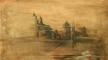 لوحة فنية تجريدية تصور مدينة غامضة مع معالم معمارية مميزة، تتضمن أبراجًا وقبابًا، على خلفية بلون بيج دافئ. تعكس الألوان الهادئة أجواءً سريالية وتجذب الانتباه إلى تفاصيل البناء.