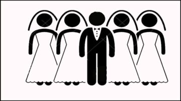 رسم توضيحي لأربعة عرائس يرتدين فساتين بيضاء مع عريس يرتدي بدلة، يعبر عن مفهوم تعدد الزوجات.