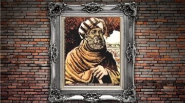 رسم تاريخي لرجل يرتدي عمامة تقليدية، مع لحية وشعر طويل، محاط بإطار مزخرف. الخلفية تتكون من جدار من الطوب. تعكس الصورة ثقافة وتاريخ المنطقة.