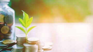 نبتة خضراء تنمو من كومة من العملات المعدنية بجانب جرة مليئة بالنقود، تعبر عن فكرة الاستدامة والنمو المالي.