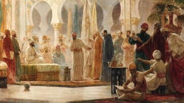 مشهد تاريخي يضم مجموعة من الشخصيات في قاعة مزينة بأقواس وزخارف إسلامية. يجلس عدد من الرجال والنساء في تنورات ملونة، بينما يتحدث شخص في المقدمة. يضيف بعض الأشخاص لمسة من الحياة اليومية من خلال الكتابة أو تقديم الطعام. الألوان الدافئة تبرز تفاصيل الملابس والديكور، مما يعكس ثقافة غنية ومجوعة متنوعة من الشخصيات.