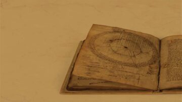 كتاب قديم مفتوح على صفحة تحتوي على رسم دائري ونص مكتوب بخط يدوي. خلفية بيج فاتح.