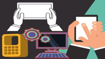 يد تظهر وهي تحمل جهاز لوحي، مع وجود هاتف ذكي آخر في يد أخرى. في الخلفية، توجد صورة لجهاز كمبيوتر مكتبي مع رموز تروس، بالإضافة إلى هاتف قديم. تعبر الصورة عن تكنولوجيا الاتصال والتفاعل.