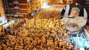 تجمع حشود كبيرة من الناس في الشوارع خلال حدث ديني، مع ظهور شخصية بارزة تتحدث في دائرة صغيرة. يرتدي المشاركون الملابس التقليدية، ويظهر الحماس والروحانية في الأجواء.