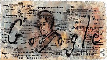 صورة توضيحية تحتفل بمناسبة شخصية تاريخية، تتضمن رسمًا فنيًا يجسد امرأة مع نص مكتوب حولها. يظهر اسم "Google" بخط مميز، مع خلفية ملونة تتضمن عناصر موسيقية.