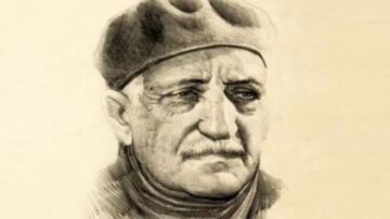 رسم تخطيطي لوجه رجل مسن يرتدي قبعة، يظهر تعابير الجدية والحكمة، مع تفاصيل دقيقة في التجاعيد والملامح.