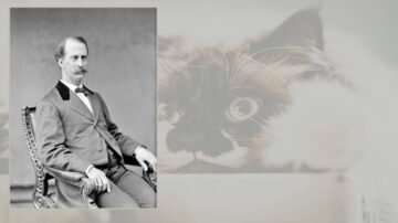 صورة تاريخية لرجل يرتدي بدلة رسمية مع شارب كبير، يجلس على كرسي مزخرف. في الزاوية، صورة قريبة لقطة بعيون كبيرة وفرو ملون.