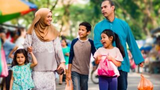 a family walking and buying