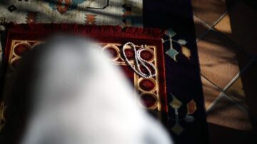 صورة تظهر سجادة مزخرفة بألوان دافئة، مع وجود عقد لؤلؤي موضوع على السجادة. في الخلفية، يظهر شكل غير واضح لشخص جالس، مما يضيف عمقًا للتركيبة.