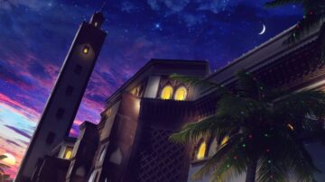 مشهد ليلي لمئذنة مسجد تقليدي، تظهر الأضواء الساطعة من النوافذ والأشجار المحيطة، مع سماء مرصعة بالنجوم وقمر يتلألأ. الألوان الزاهية تضفي جواً ساحراً على المنظر.