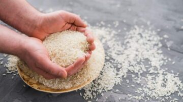 أيدٍ تحمل كمية من الأرز الأبيض فوق وعاء خشبي، مع تشتت حبيبات الأرز على السطح الرمادي.