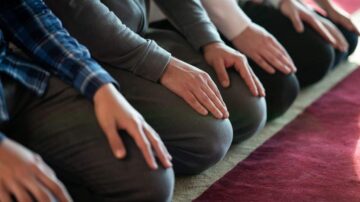 أيدٍ ممدودة على الأرجل أثناء الصلاة في مسجد، تظهر مجموعة من الأشخاص جالسين على السجادة الحمراء. تعكس الصورة روح الجماعة والتقرب إلى الله من خلال العبادة.