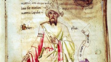 رسم توضيحي لشخصية تاريخية ترتدي ملابس تقليدية، مع تفاصيل دقيقة للعرش والعمامة. يظهر في الخلفية نص مكتوب بخط قديم، مما يشير إلى أهمية ثقافية أو تاريخية.