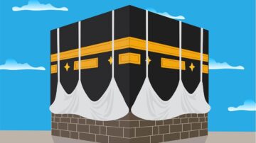 صورة توضيحية للكعبة المشرفة، تظهر الكعبة ذات اللون الأسود مع تفاصيل ذهبية، محاطة بأقمشة بيضاء، في سماء زرقاء مع بعض السحب. تعتبر الكعبة نقطة محورية في الإسلام ومكان الحج.