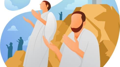 Abstract illustration of two faceless figures in white robes, hands raised, on rocky terrain.